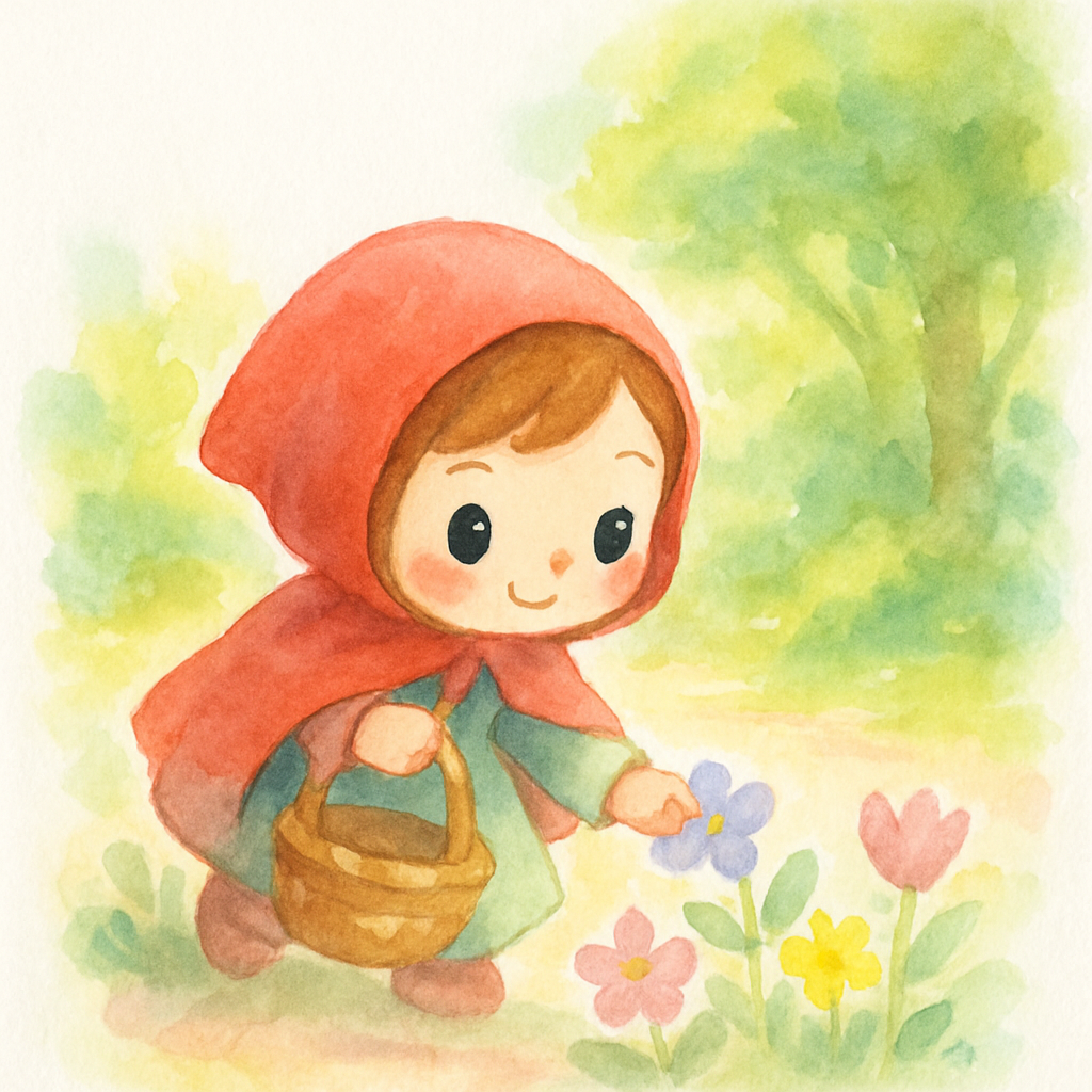 빨간 모자가 숲속에서 꽃을 꺾고 있는 장면